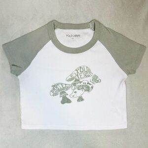 Harlow Cropped Tee Ribbed with Green Mushroom “Protect Your Energy” Design Small